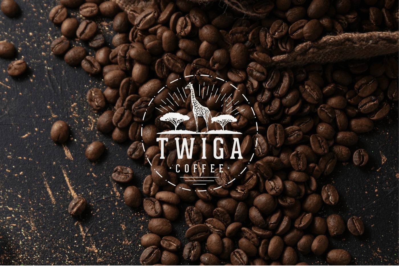 Roasted coffee beans spilling from a burlap sack across a dark surface.
