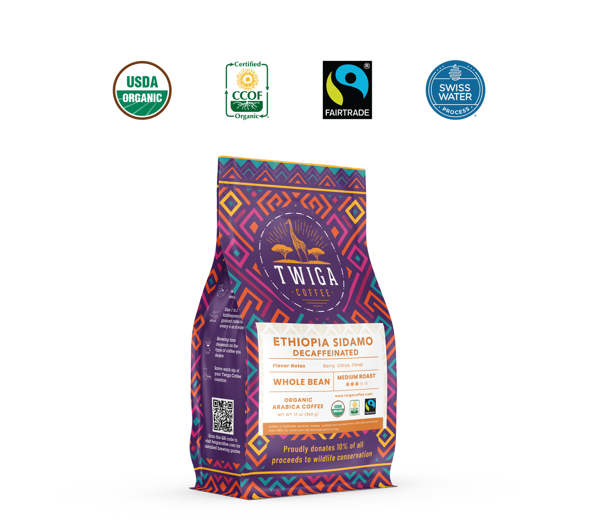 Decaf Ethiopia Sidamo pouch beside USDA Organic, CCOF Organic, Fairtrade and Swiss Water Process certification marks