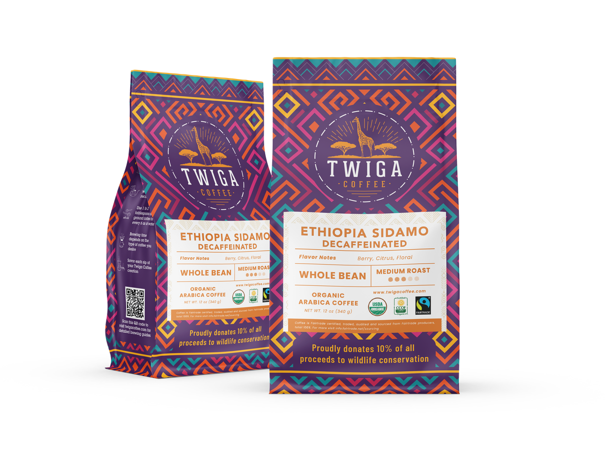 Two 12 oz pouches of Decaf Ethiopia Sidamo whole bean coffee