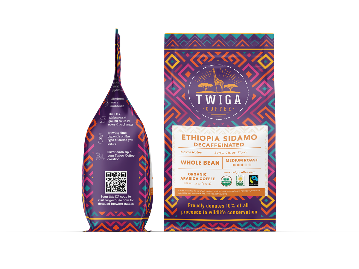 Decaf Ethiopia Sidamo pouch shown front and back, with brewing notes and a QR code on the reverse