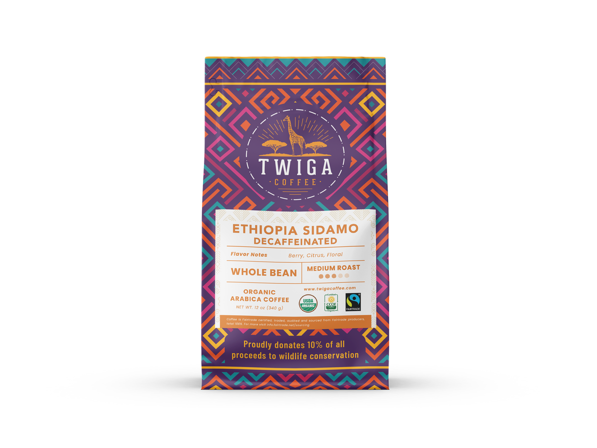 Decaf Ethiopia Sidamo whole bean coffee, 12 oz pouch, front of pack