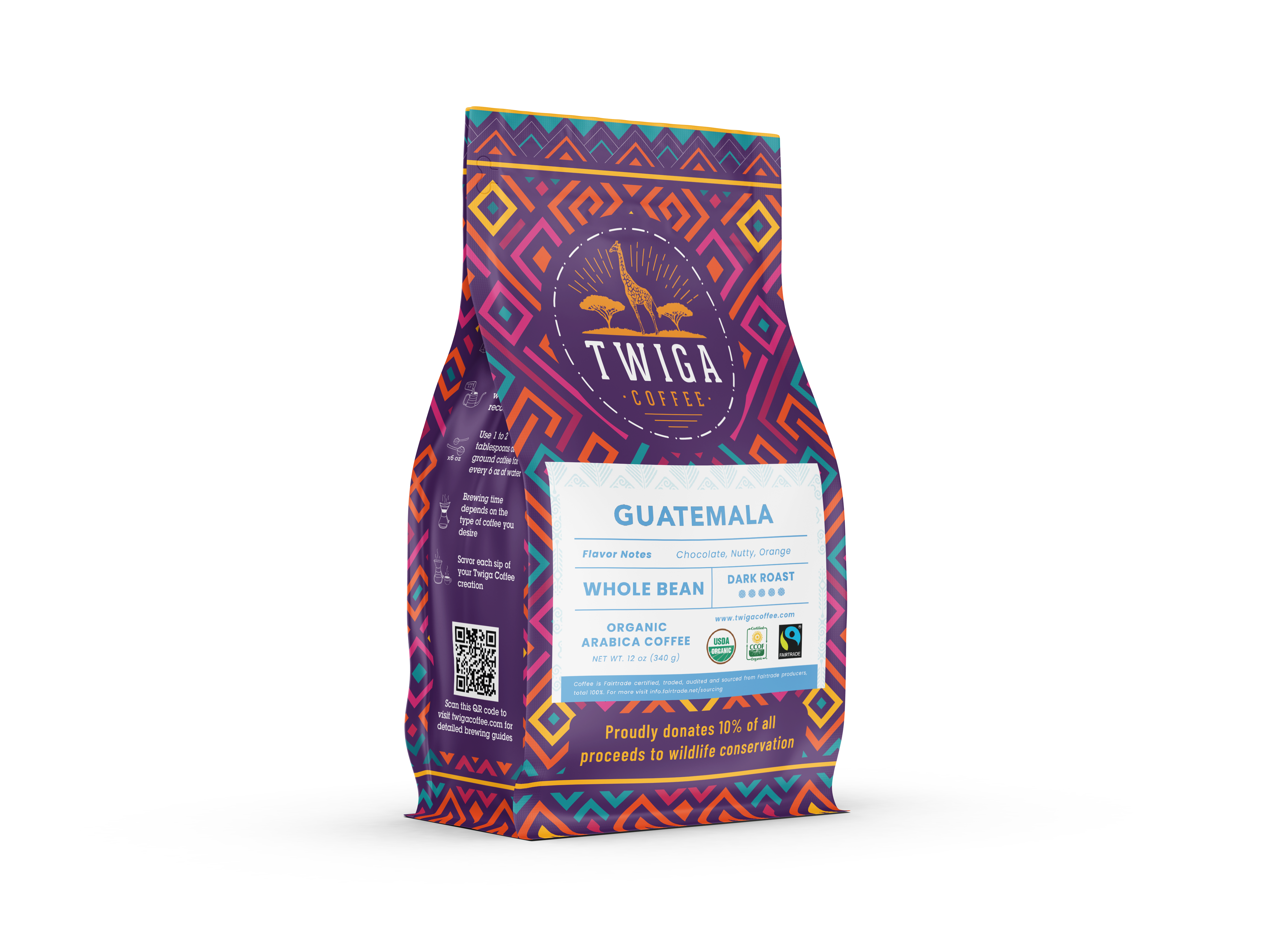 Guatemala 12 oz pouch angled to show the front label and patterned side panel