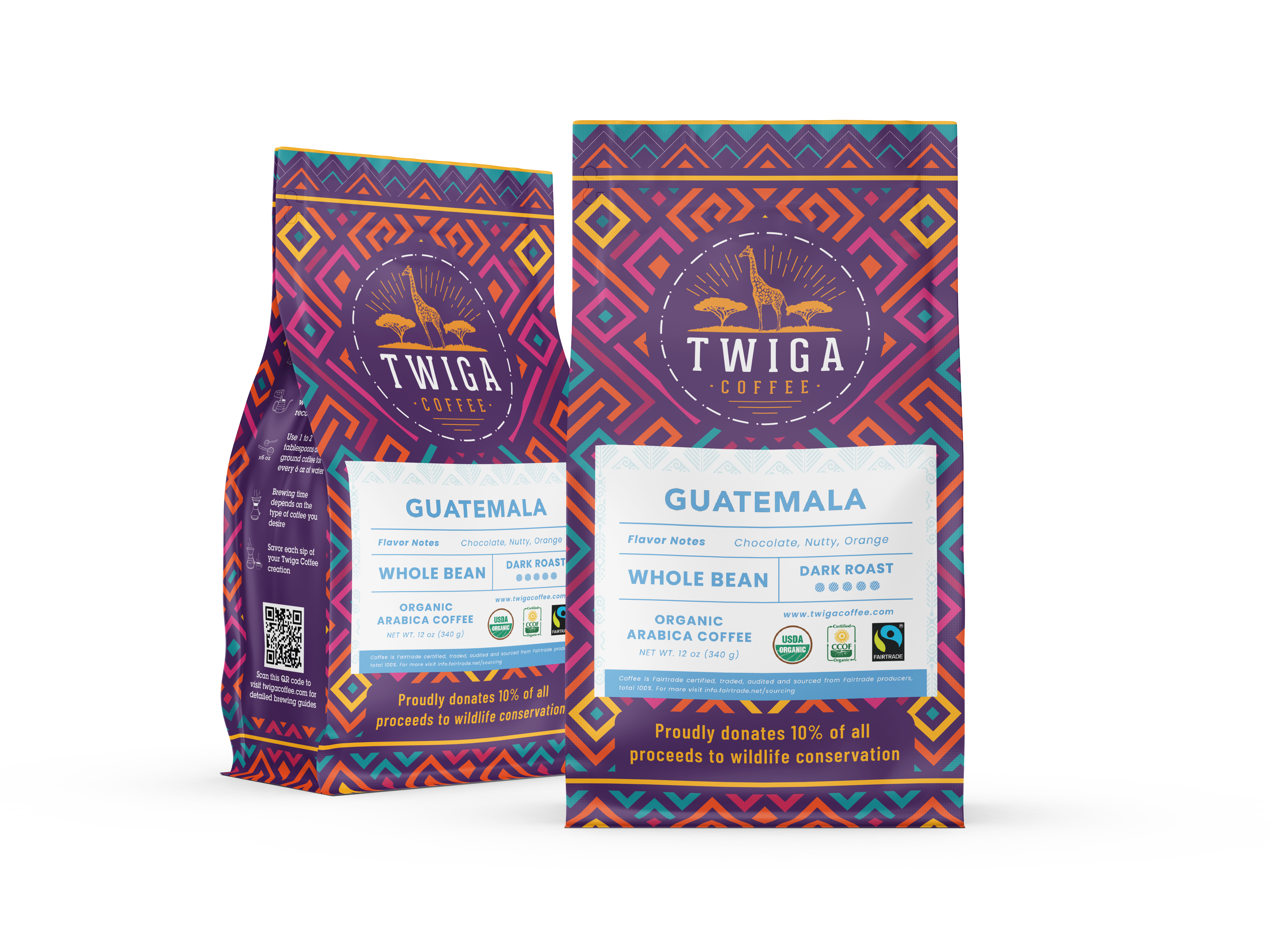 Two 12 oz pouches of Guatemala dark roast whole bean coffee