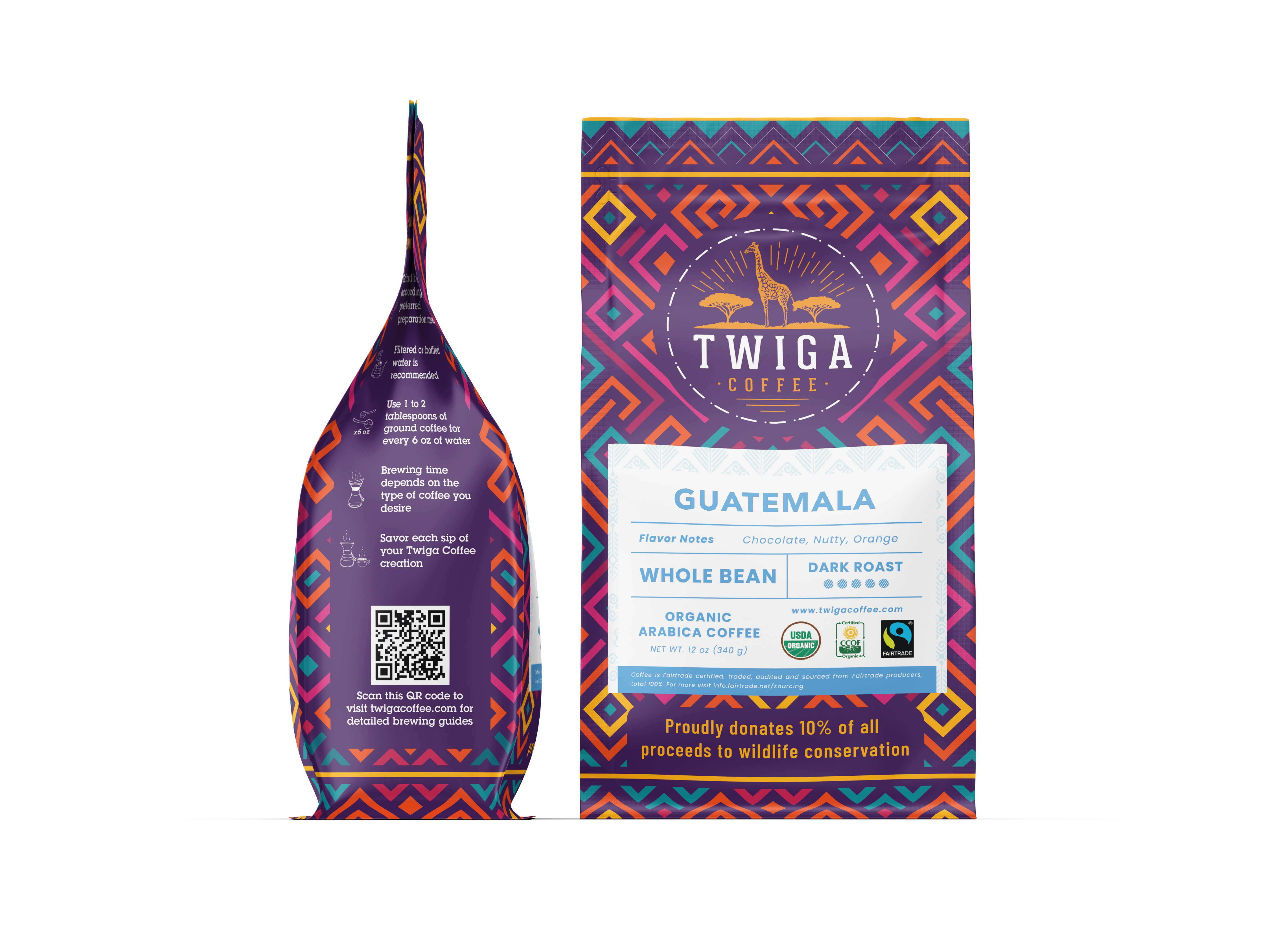 Guatemala pouch shown front and back, with brewing notes and a QR code on the reverse
