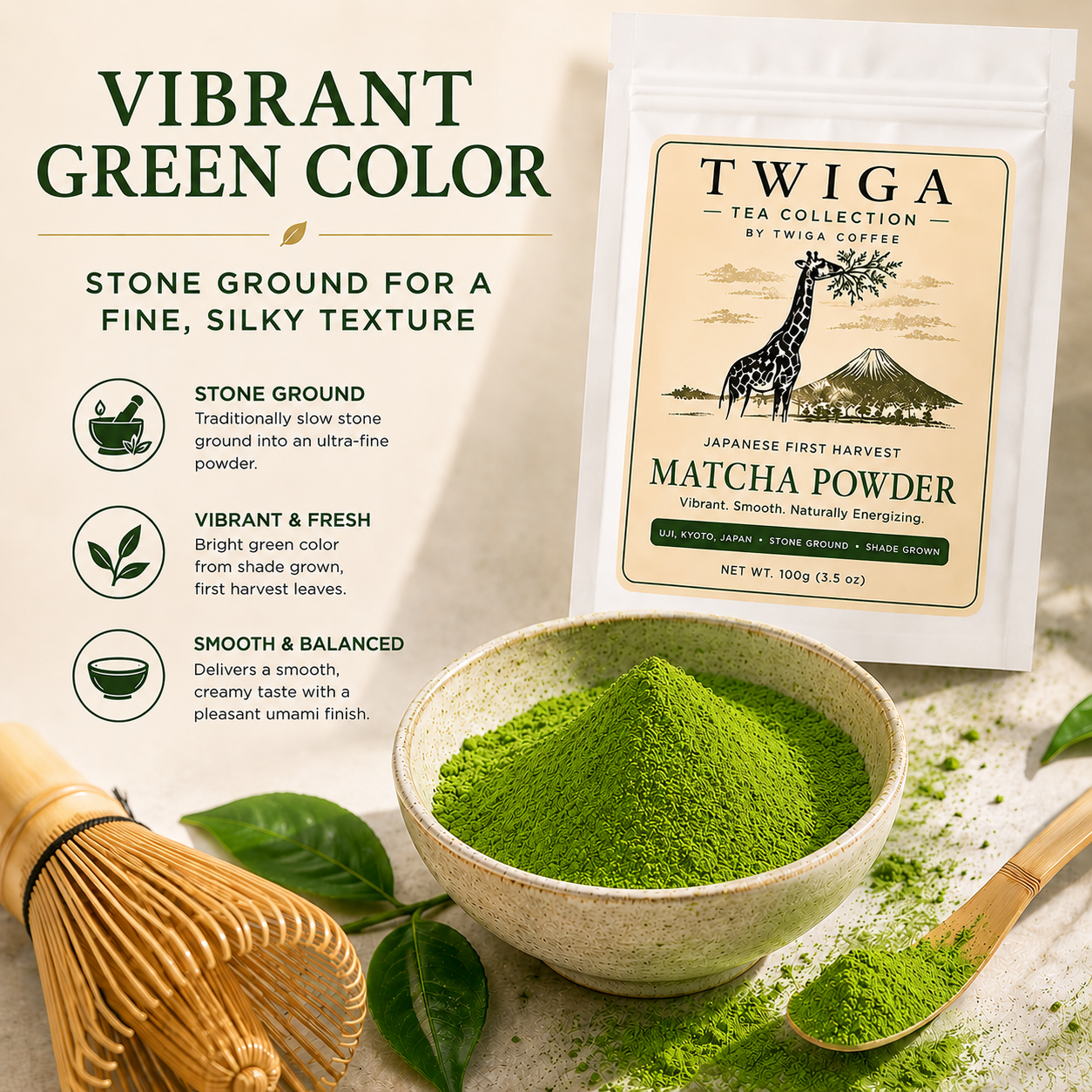 Twiga matcha powder in a ceramic bowl beside a bamboo whisk, showing its vibrant green color and fine texture