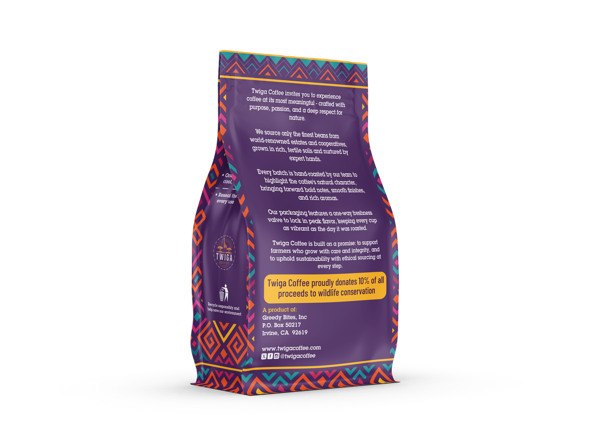 Back of the Decaf Ethiopia Sidamo 12 oz pouch, angled
