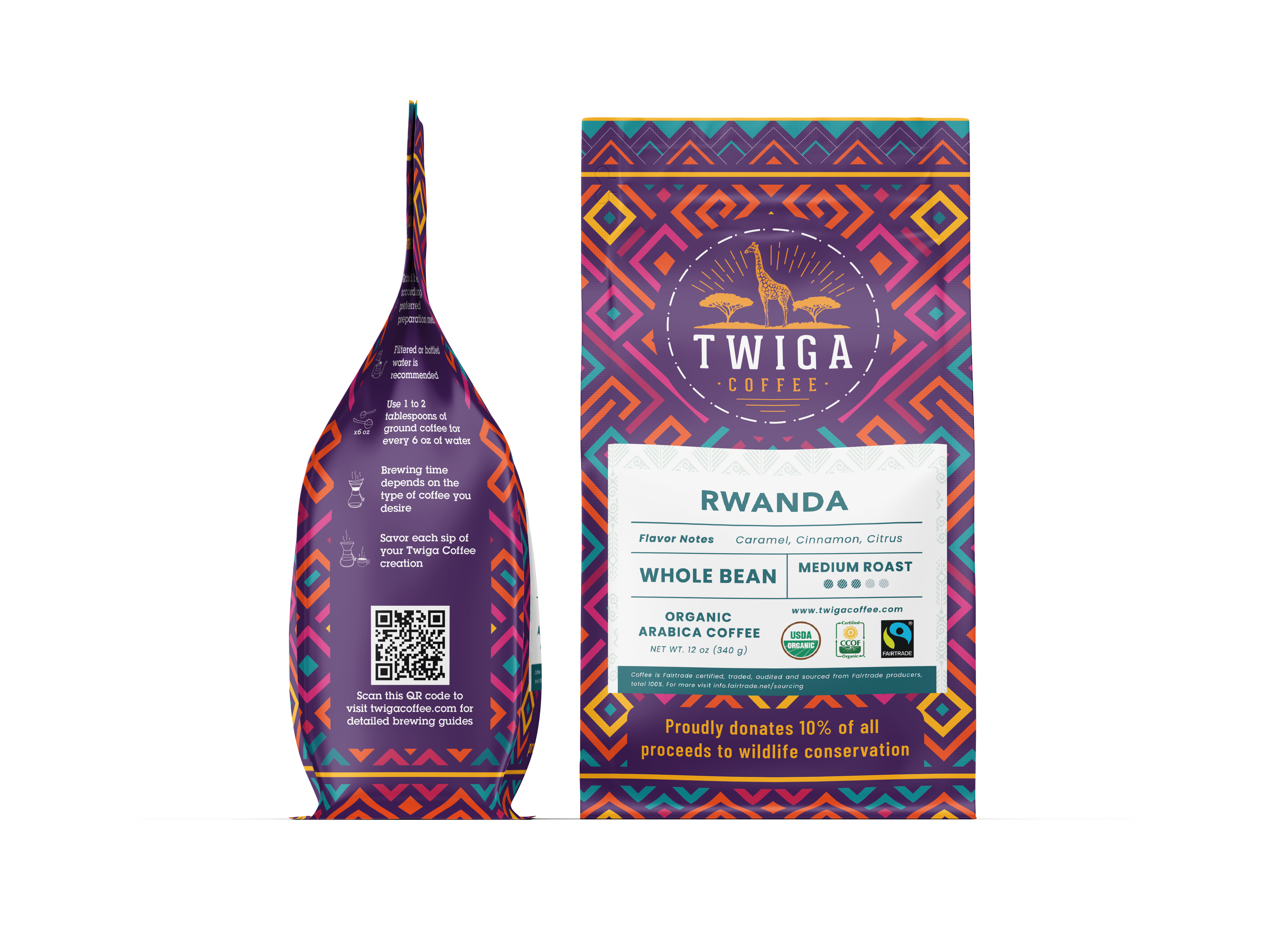 Rwanda pouch shown front and back, with brewing notes and a QR code on the reverse
