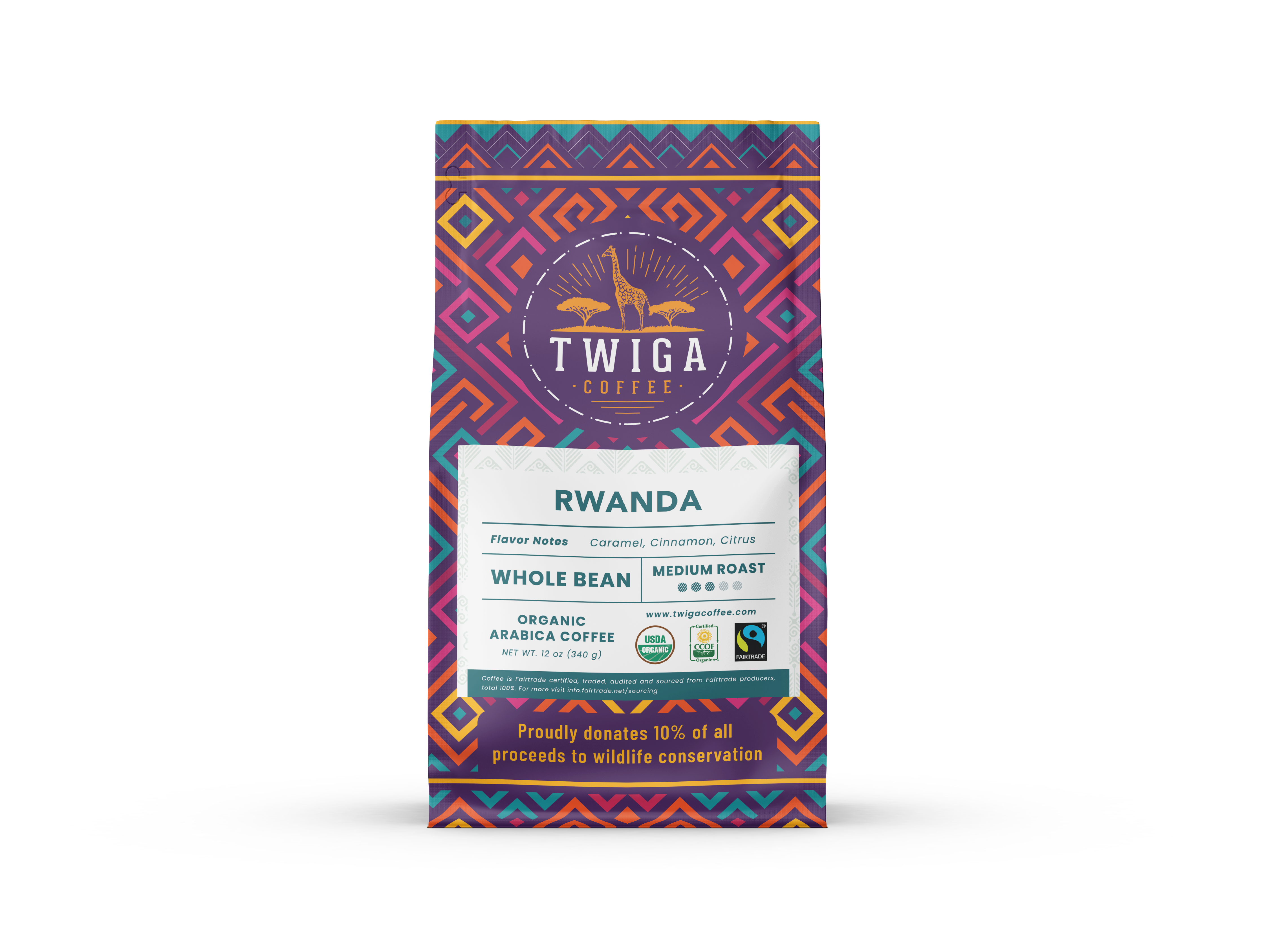 Rwanda whole bean coffee, 12 oz pouch, front of pack