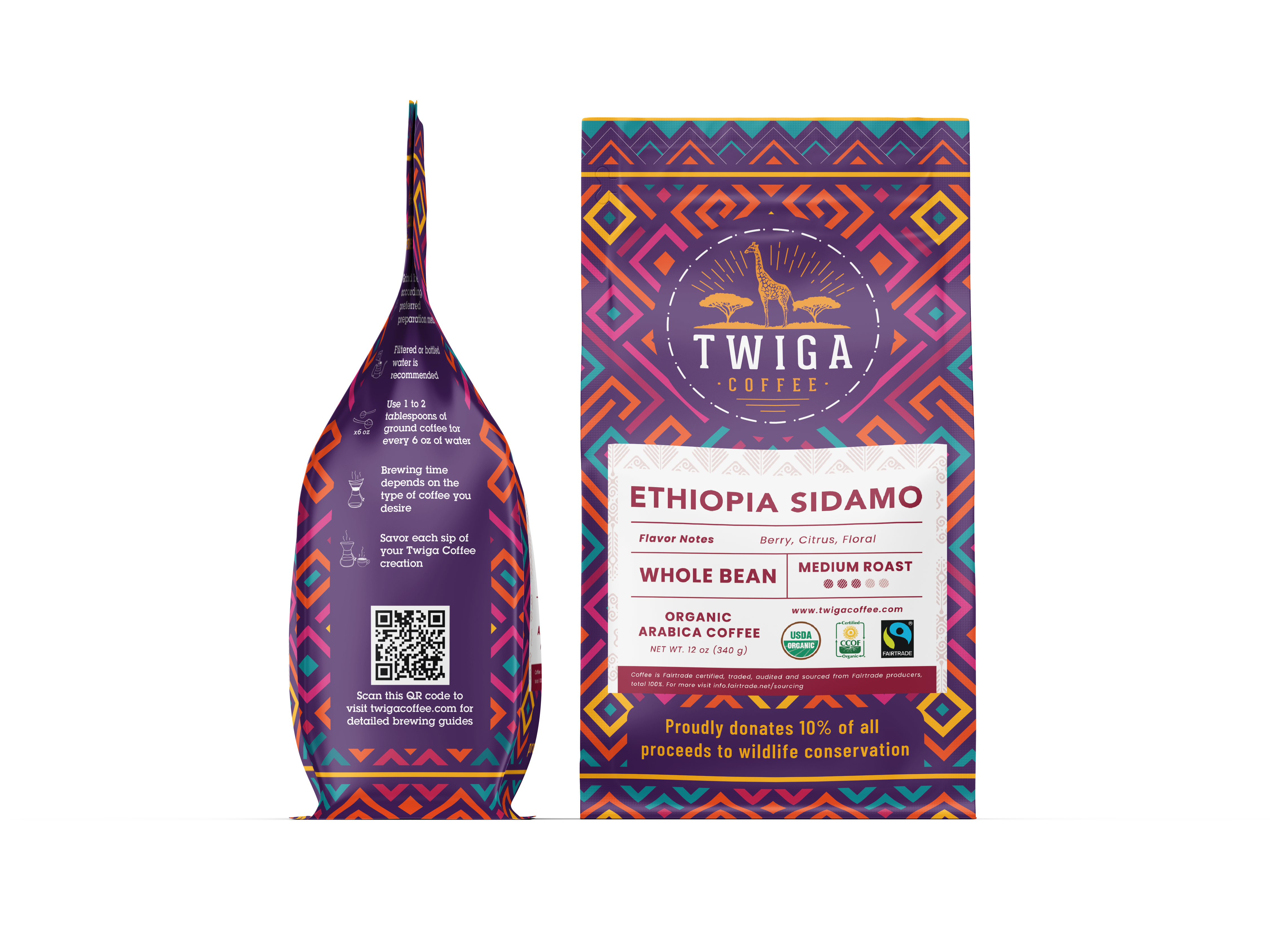 Ethiopia Sidamo pouch shown front and back, with brewing notes and a QR code on the reverse