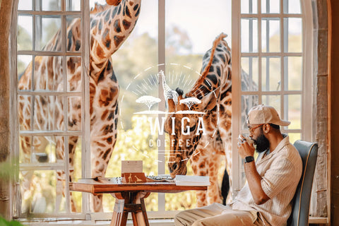 A man drinking coffee at a table by tall windows while two giraffes lean in from outside.