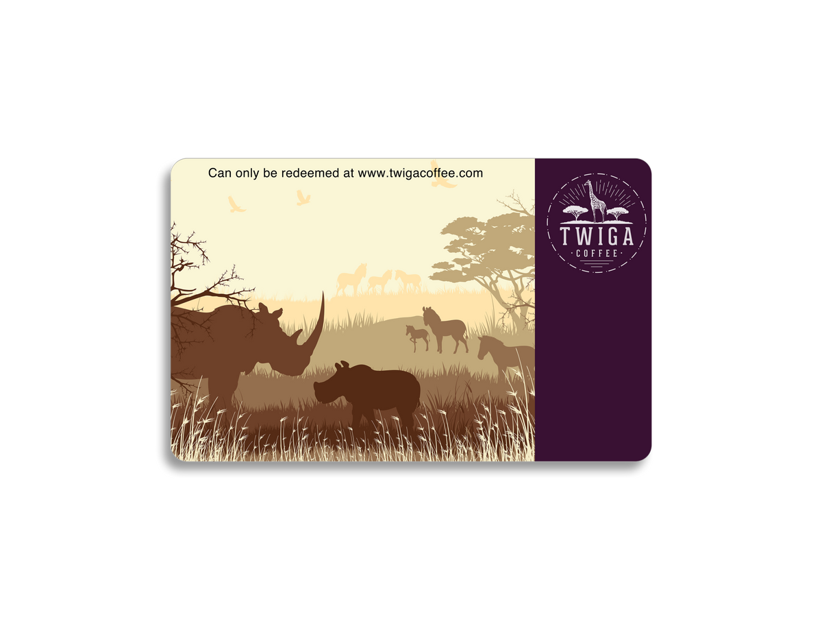 A Twiga Coffee gift card, showing the giraffe medallion on a cream card