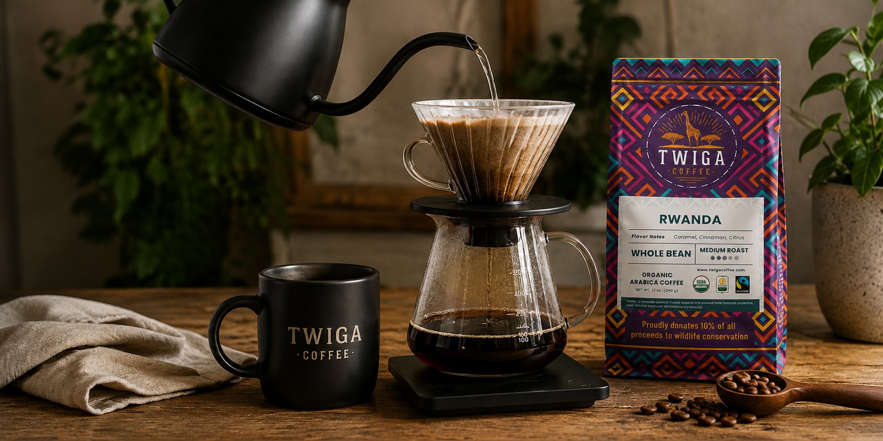 Pouring hot water from a gooseneck kettle into a pour over dripper, with a bag of Twiga Rwanda coffee and a Twiga mug on a wooden counter