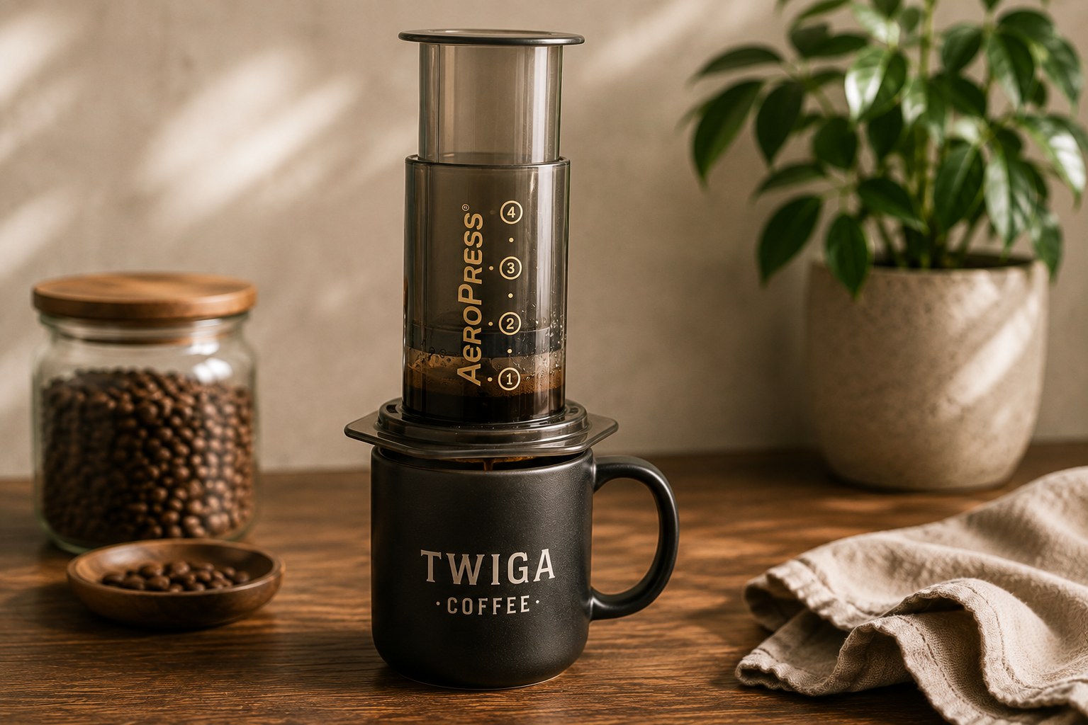 An AeroPress resting on a mug on a wooden counter