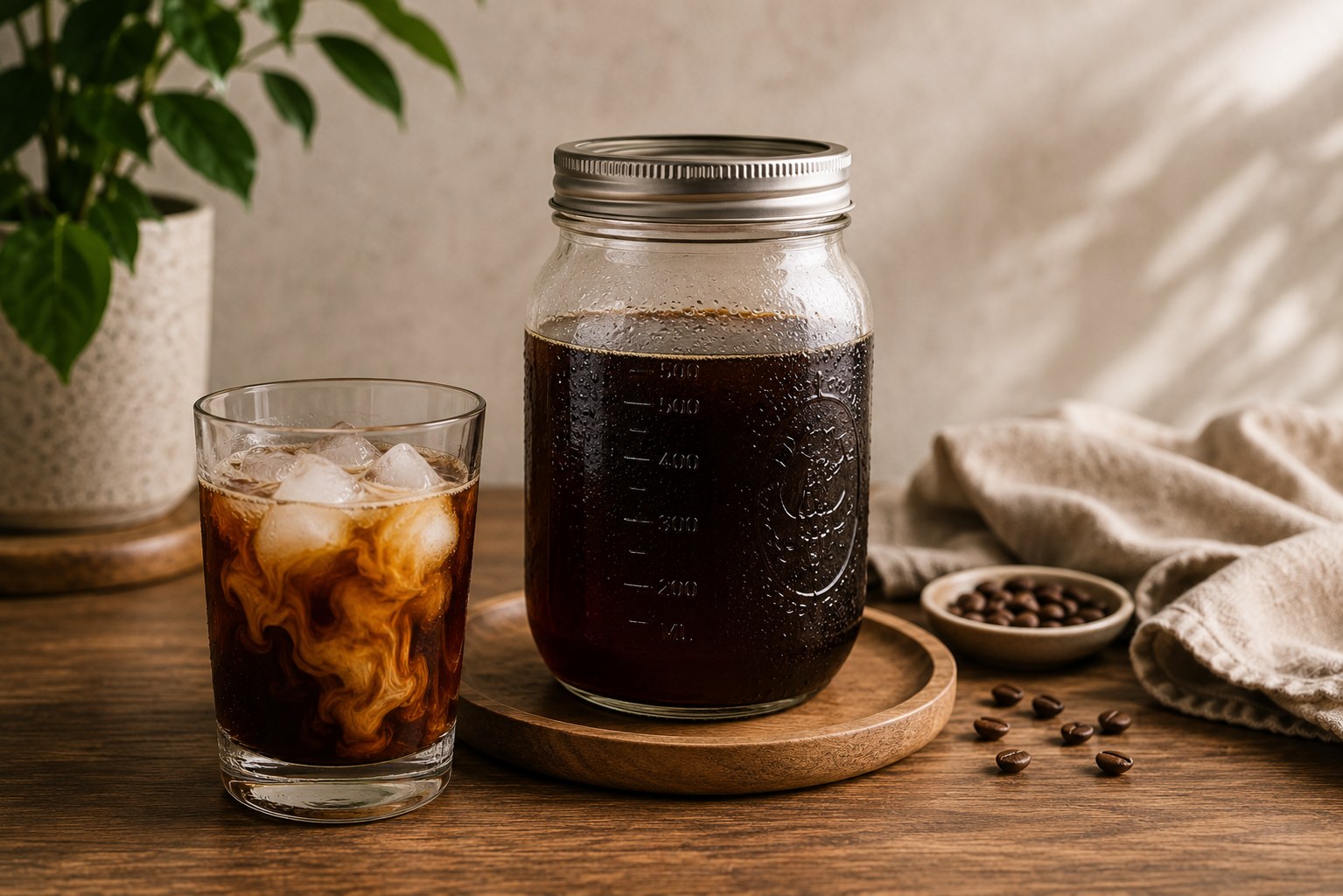 A jar of cold brew concentrate beside a glass of cold brew served over ice