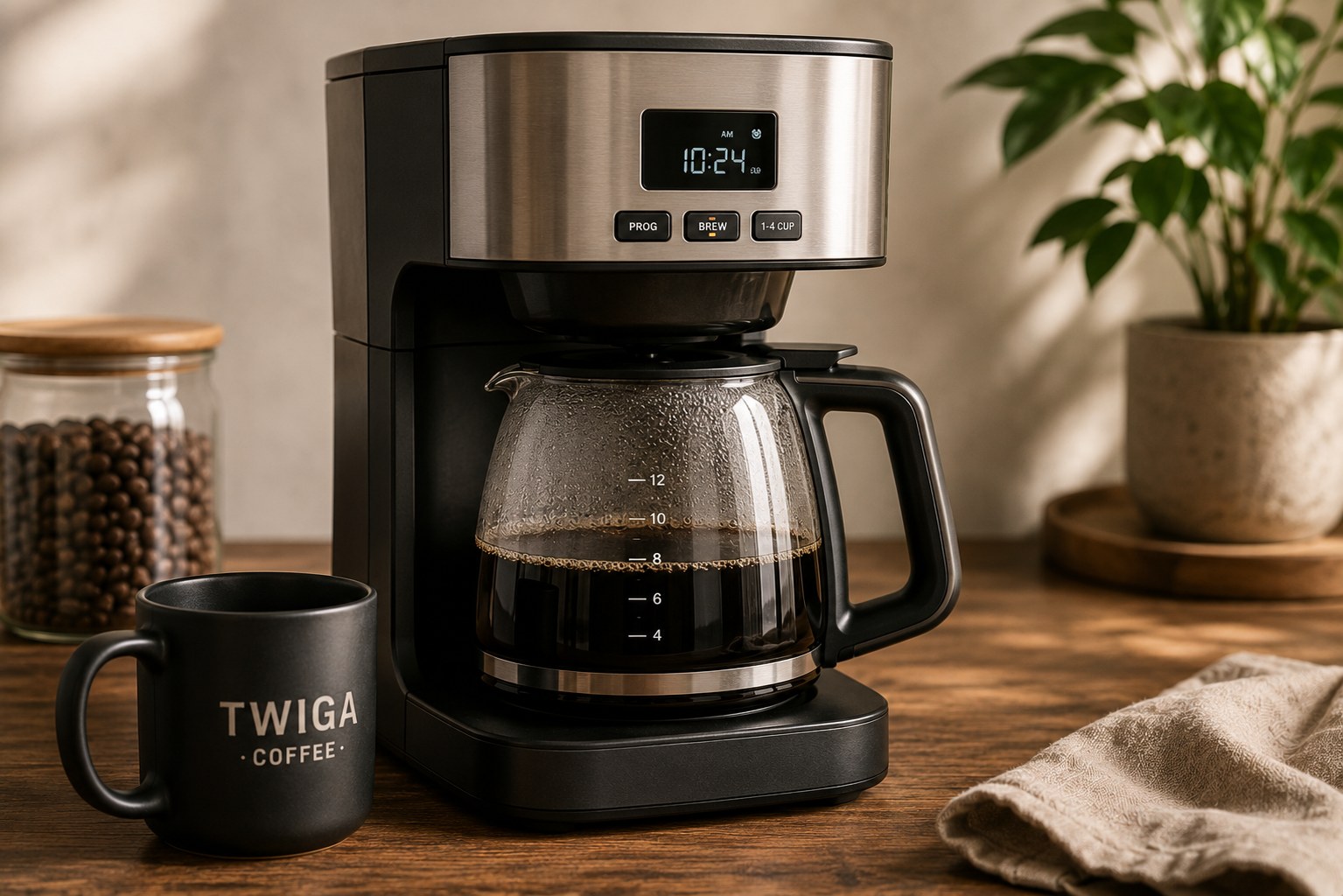 A drip coffee maker brewing into a glass carafe beside a Twiga mug and a jar of coffee beans