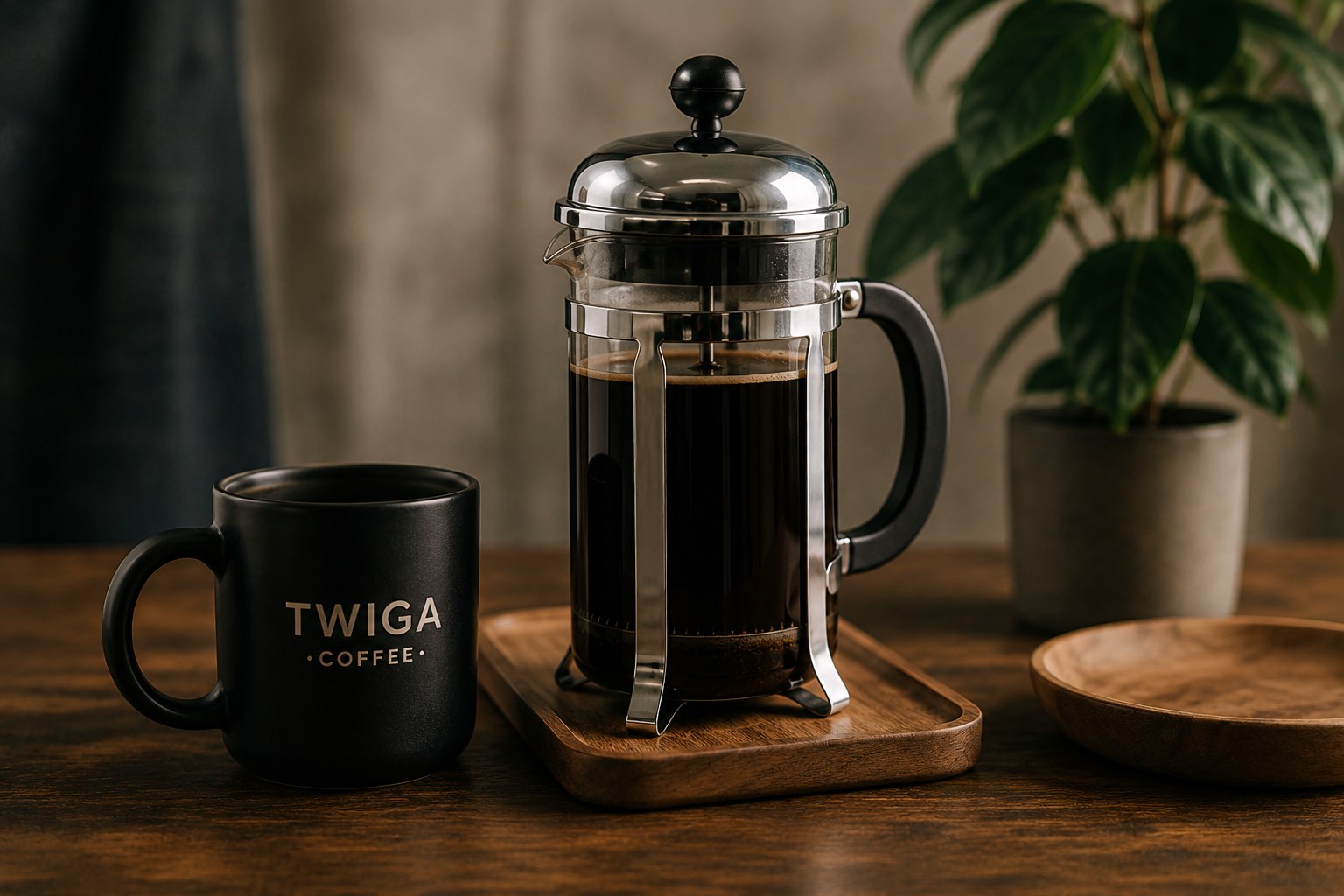 A French press full of brewed coffee beside a Twiga mug on a wooden board