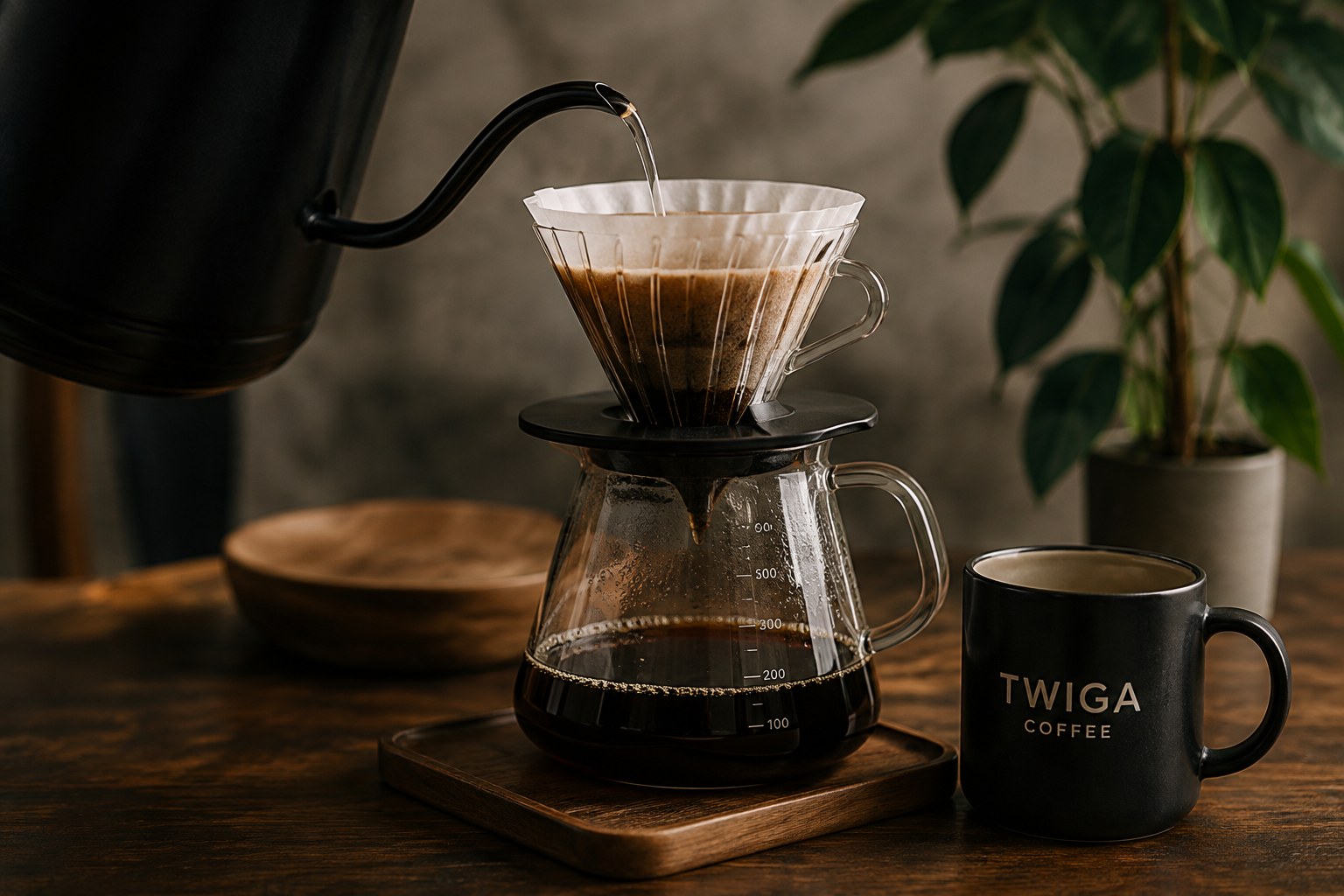 Water being poured over coffee grounds in a pour over dripper above a glass carafe