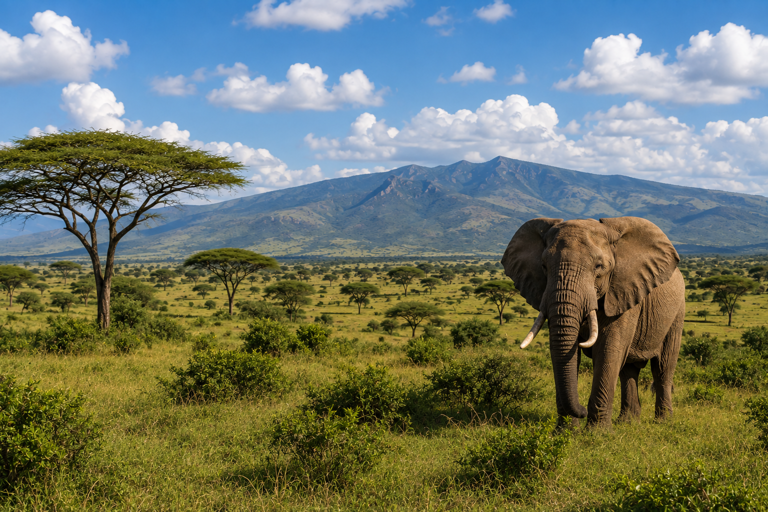 An elephant on open savanna grassland below distant mountains