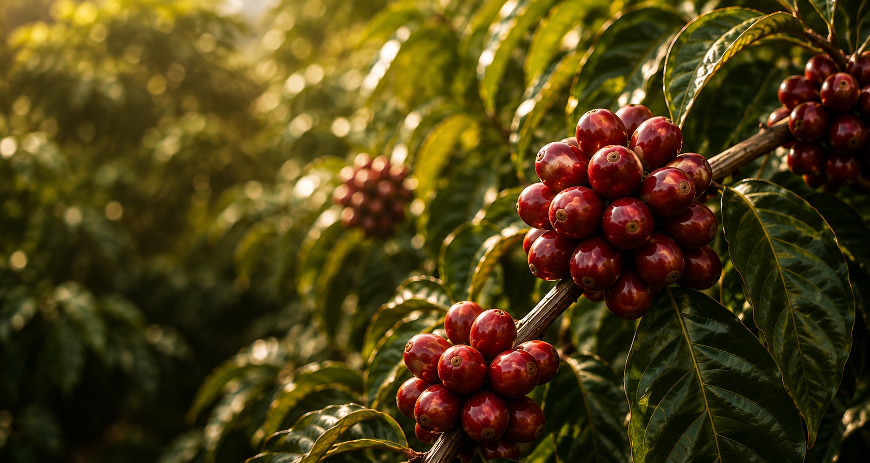 Ripe red coffee cherries on the branch, with a sunlit coffee farm behind