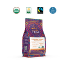 Decaf Ethiopia Sidamo pouch beside USDA Organic, CCOF Organic, Fairtrade and Swiss Water Process certification marks