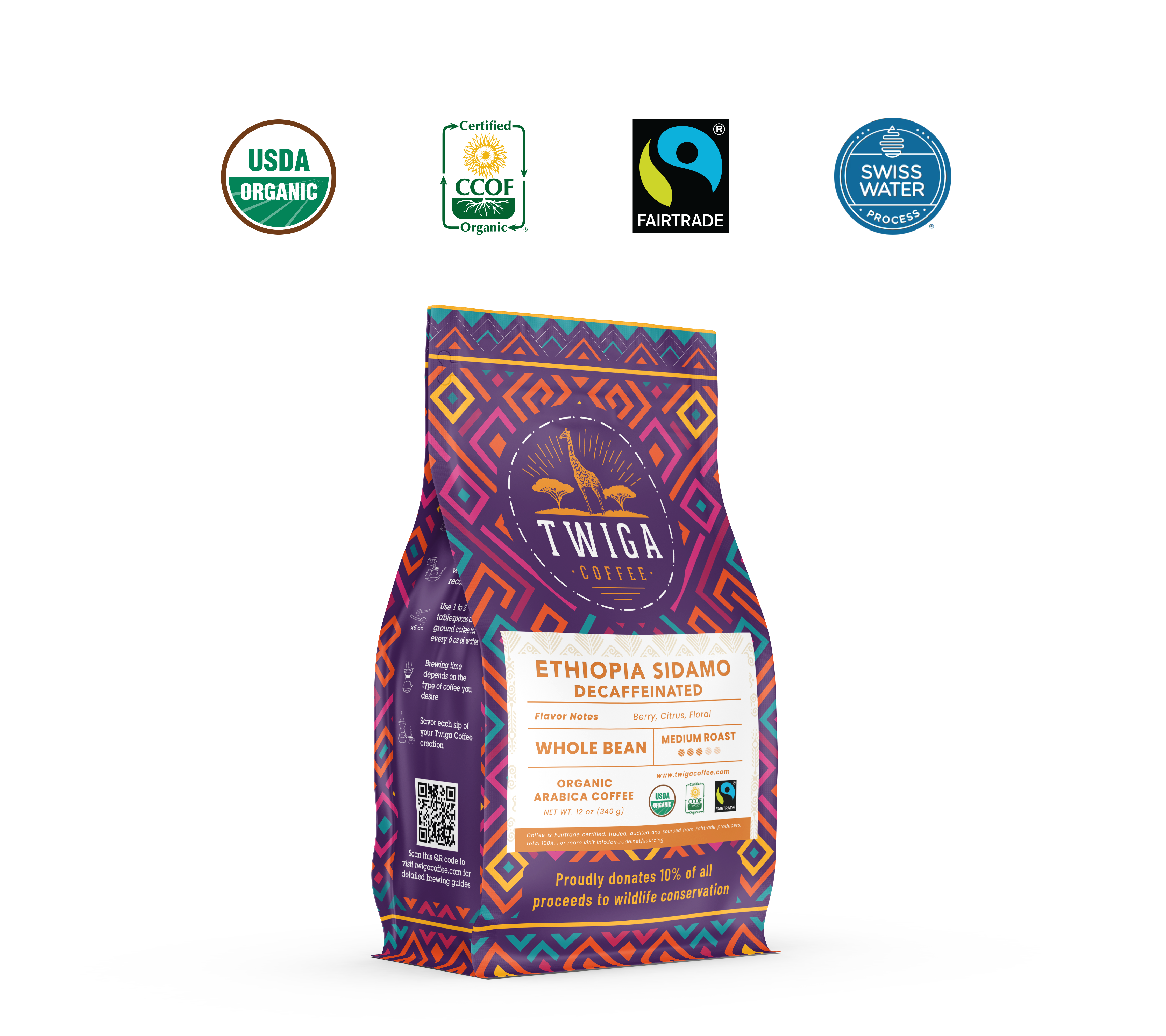 Decaf Ethiopia Sidamo pouch beside USDA Organic, CCOF Organic, Fairtrade and Swiss Water Process certification marks