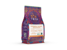 Decaf Ethiopia Sidamo 12 oz pouch angled to show the front label and patterned side panel