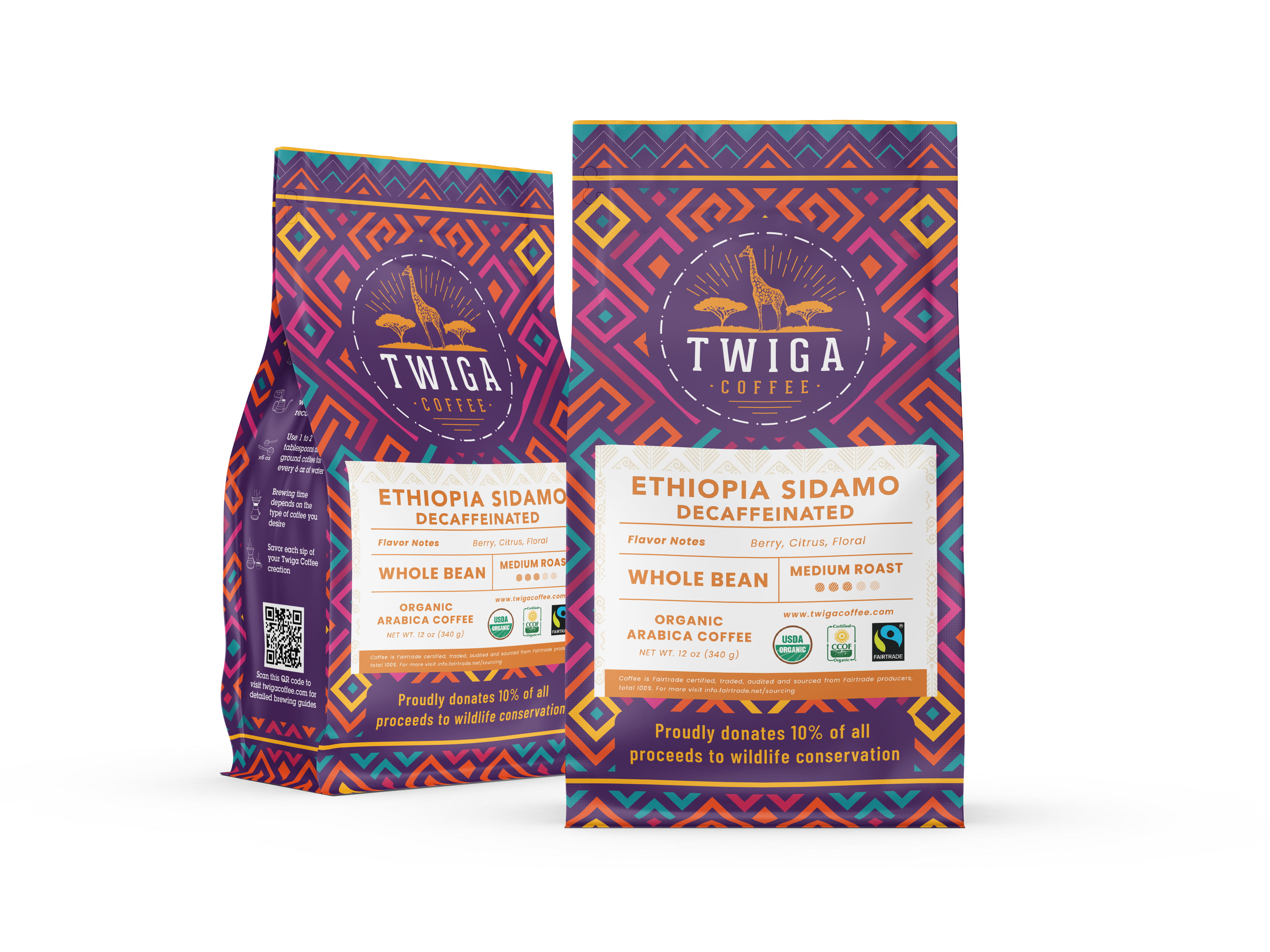 Two 12 oz pouches of Decaf Ethiopia Sidamo whole bean coffee