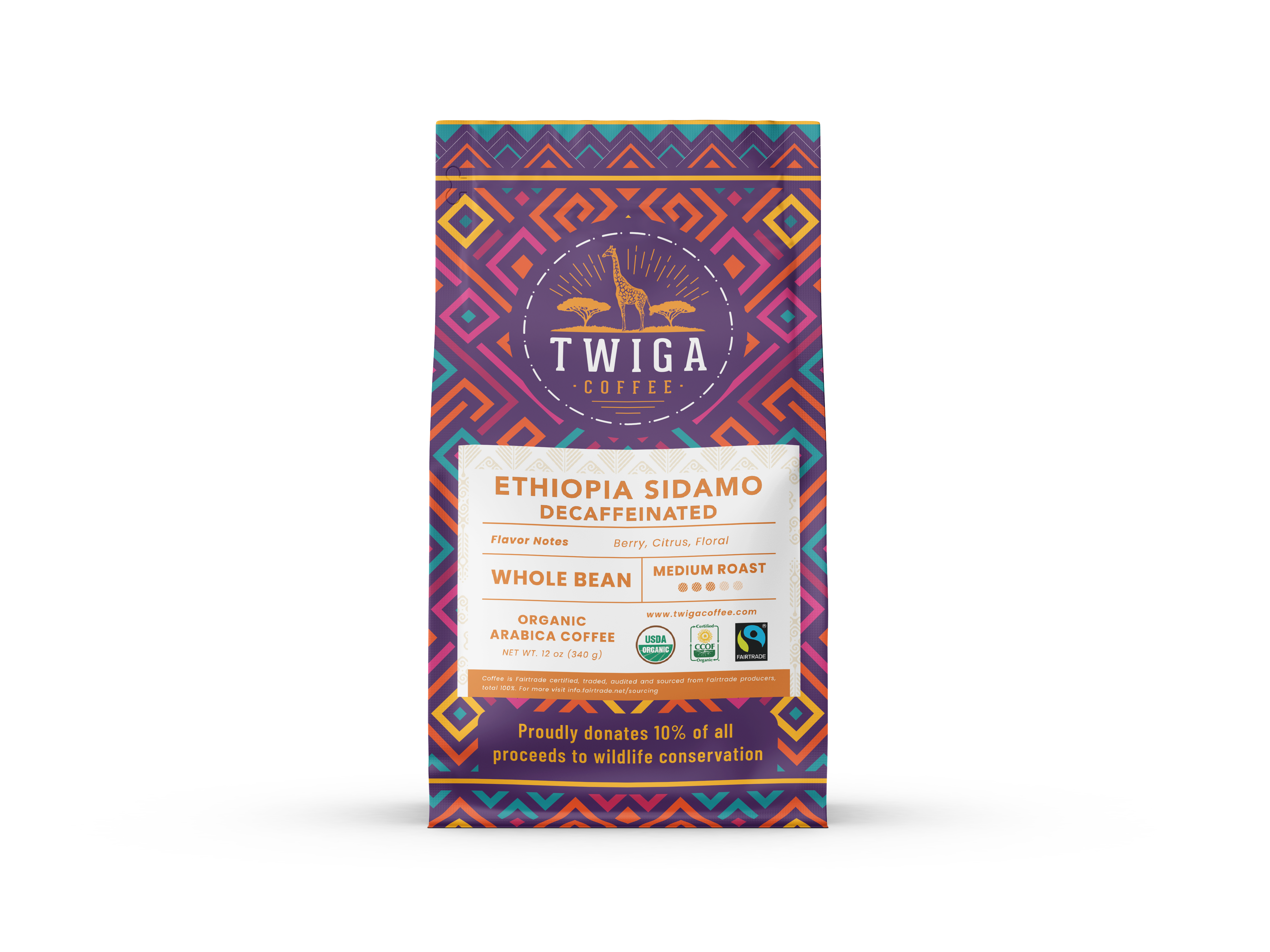 Decaf Ethiopia Sidamo whole bean coffee, 12 oz pouch, front of pack