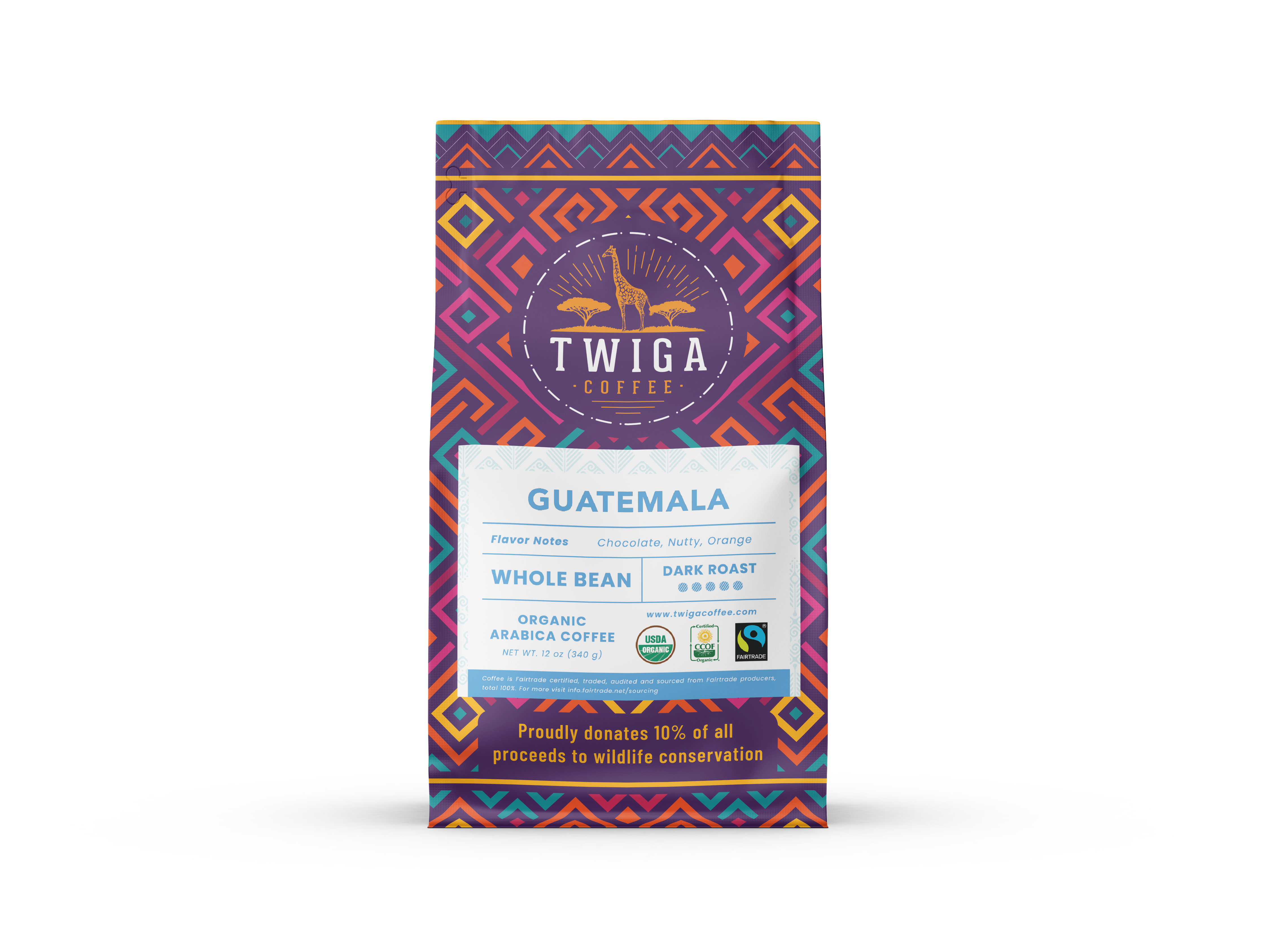 Guatemala dark roast whole bean coffee, 12 oz pouch, front of pack