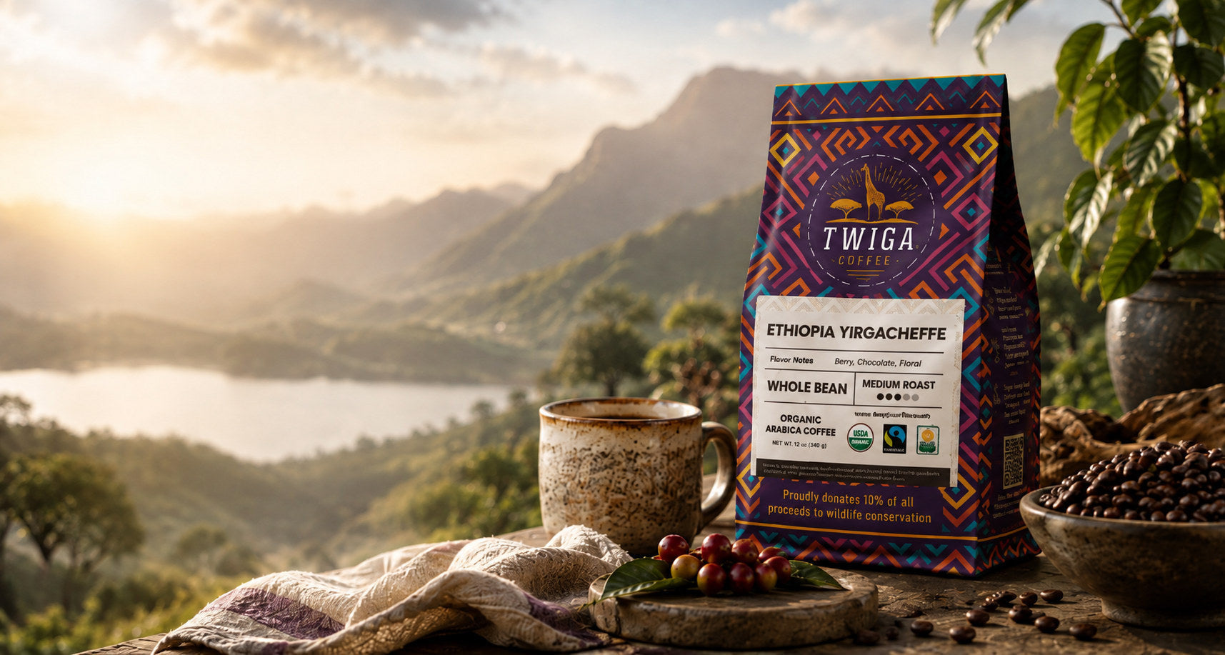 Twiga Coffee Ethiopia Yirgacheffe packaging with a cup of coffee and fresh coffee cherries, overlooking sunlit coffee-growing highlands