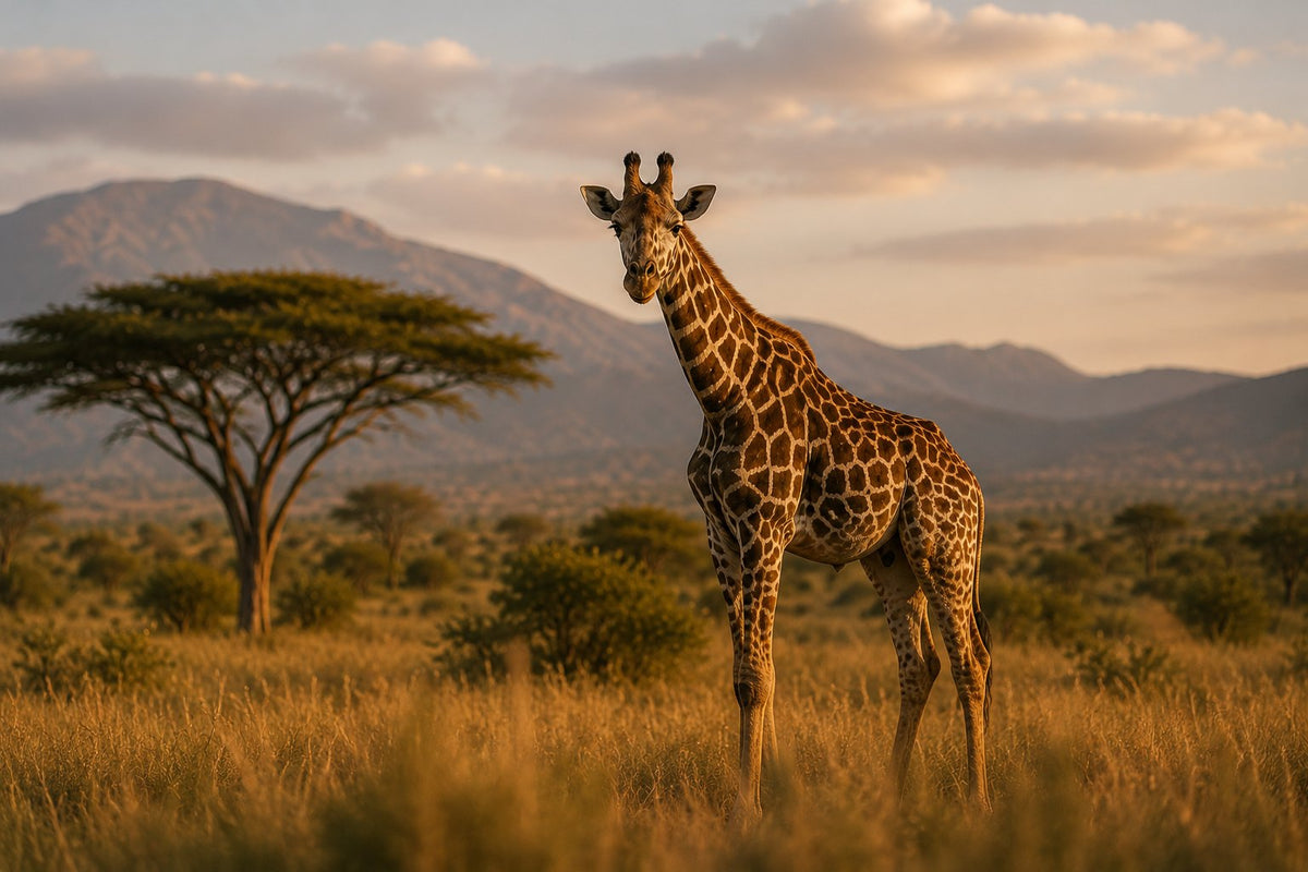 A giraffe standing in tall golden grass beside an acacia tree, with mountains behind, East Africa