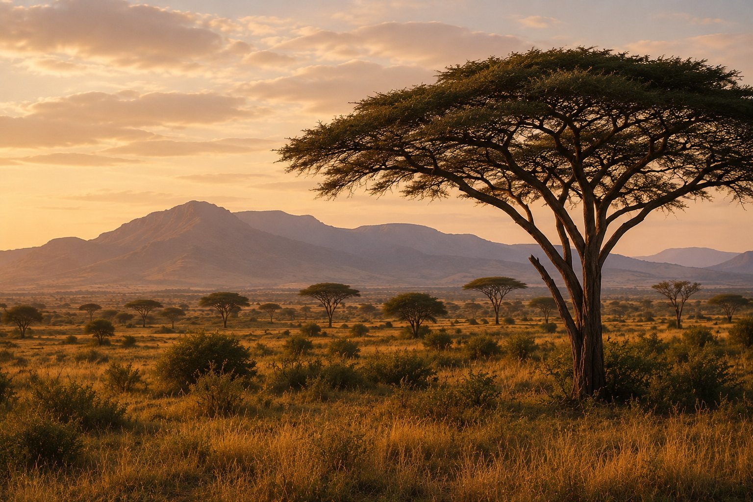 Open East African savanna at sunrise, a large acacia tree in the foreground and a long mountain ridge beyond