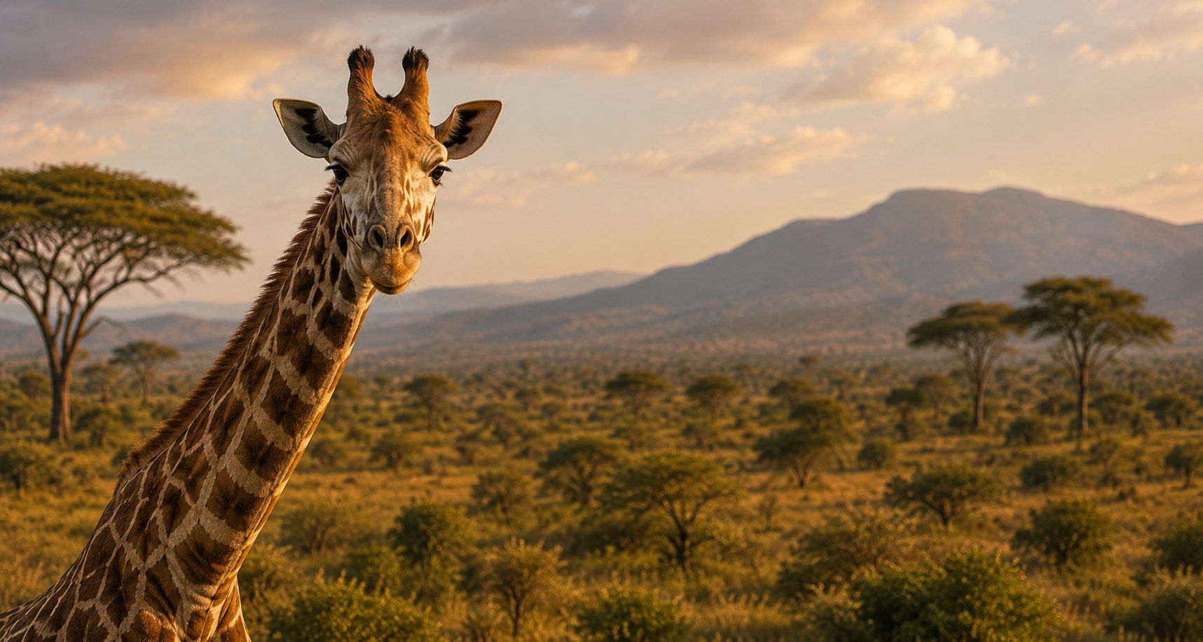 A giraffe looking toward the camera above open acacia savanna, with hills beyond at golden hour, East Africa