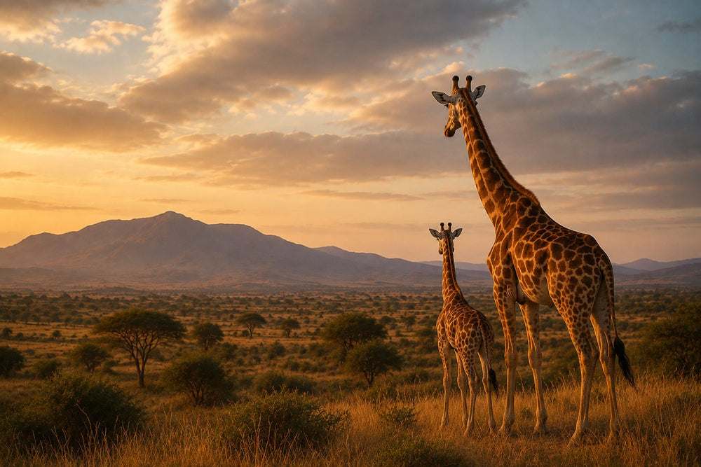 An adult giraffe and a calf standing together on open savanna at sunset, with a mountain behind