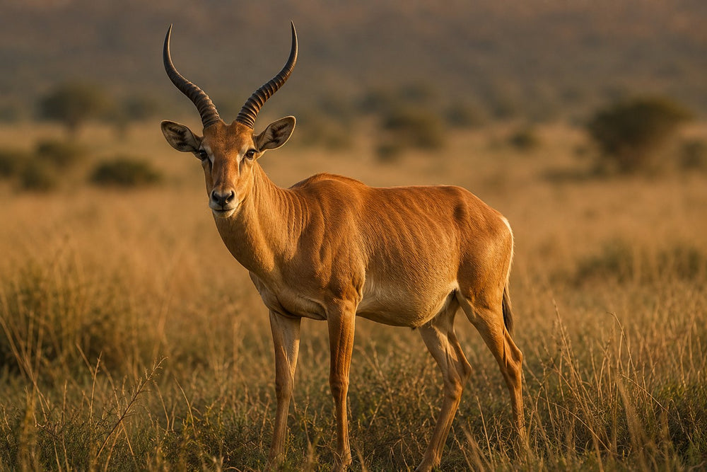 A hirola antelope standing in golden grassland, its lyre-shaped horns and pale eye patches clearly visible