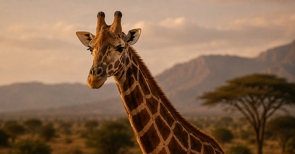 A reticulated giraffe in profile against dry bushland and distant hills, its net-patterned coat in warm light