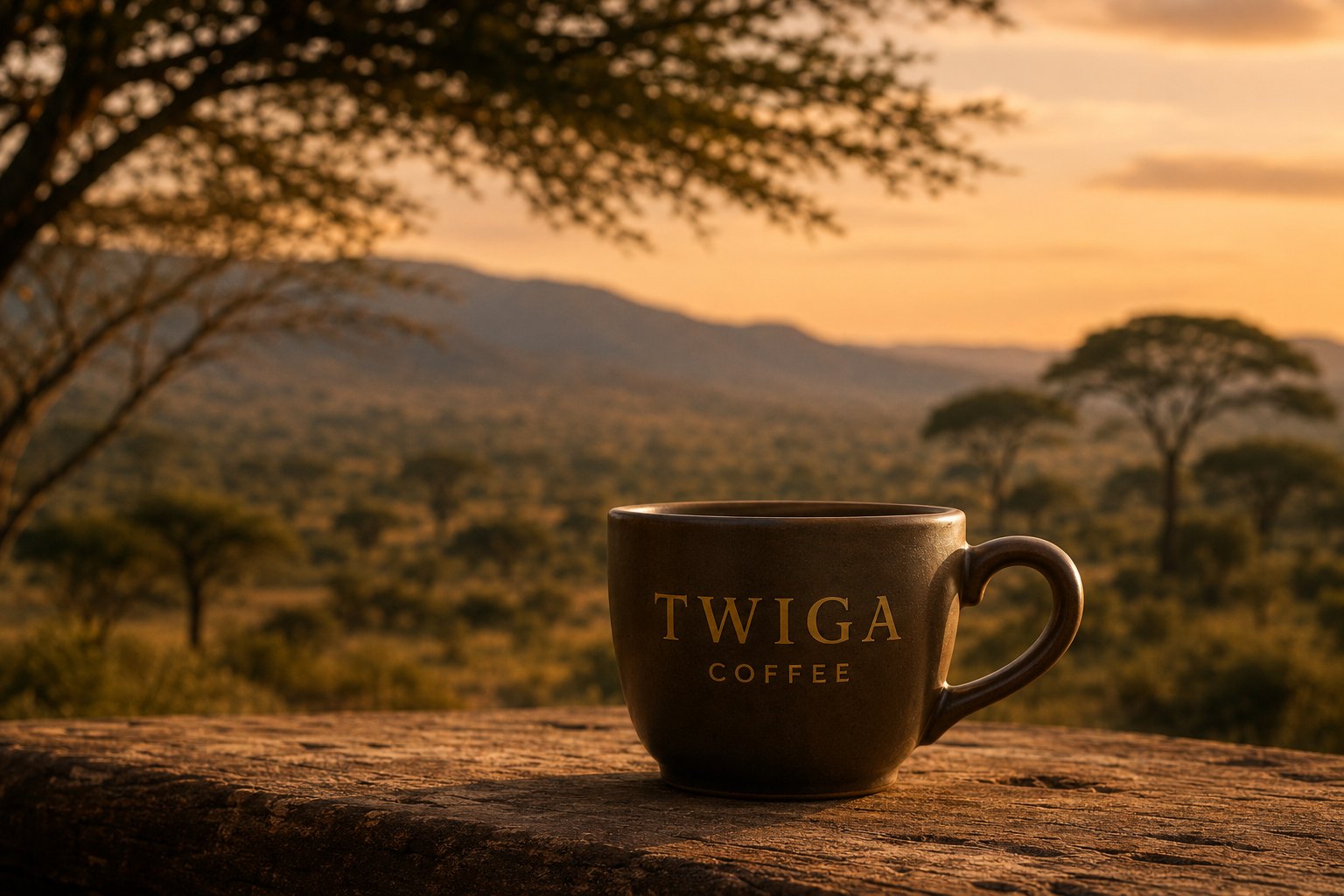 A Twiga Coffee cup resting on a rock ledge, looking out over acacia bushland at sunset