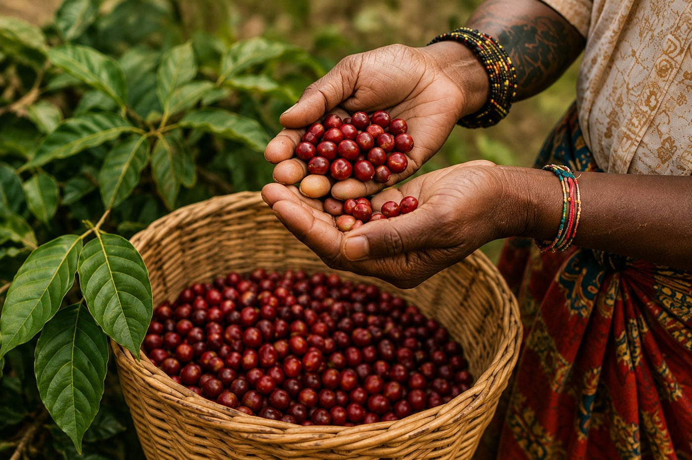 A coffee farmer holding a handful of ripe red coffee cherries above a full harvesting basket, beside a coffee plant