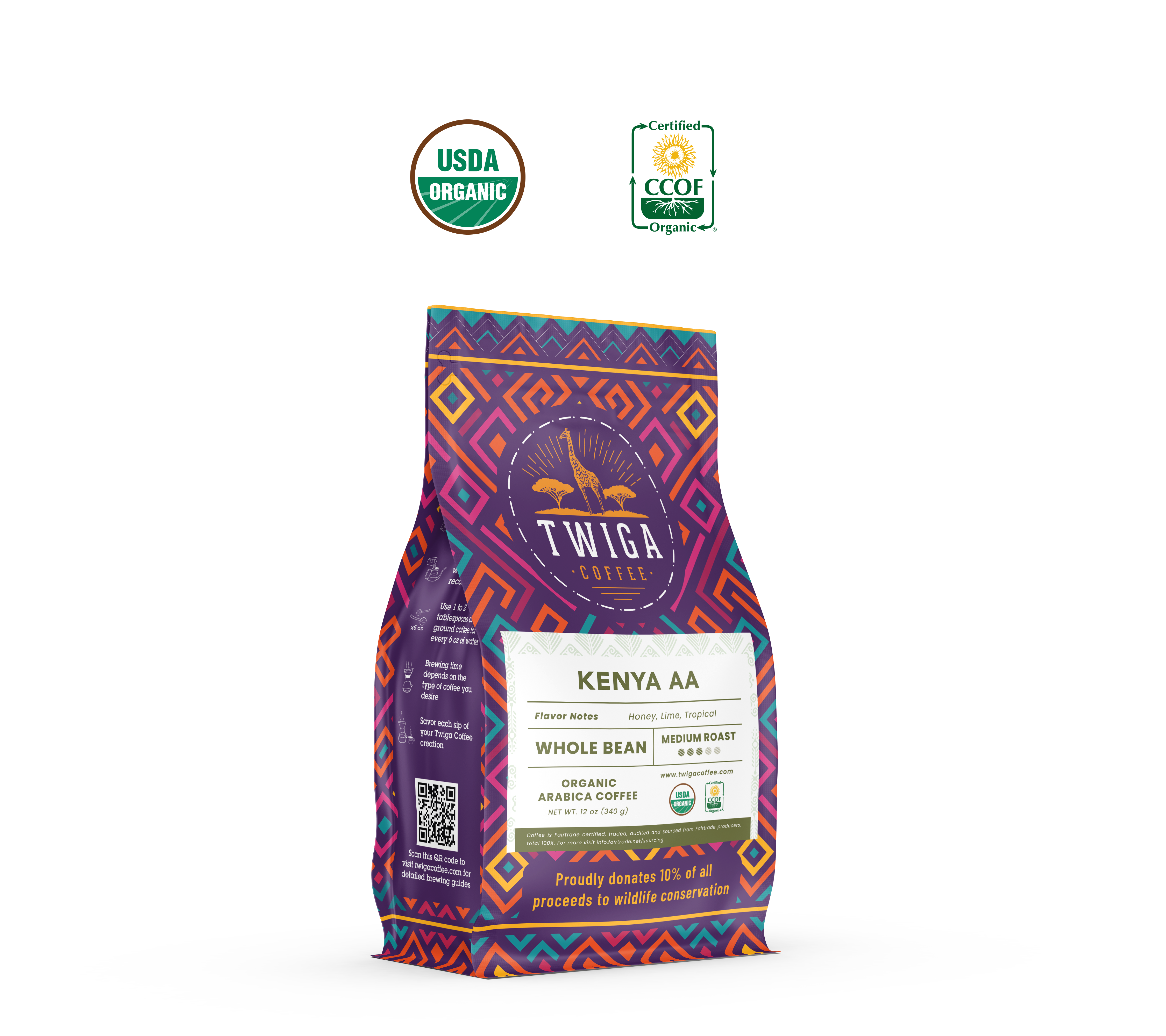 Kenya AA pouch beside USDA Organic and CCOF Organic certification marks