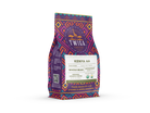 Kenya AA 12 oz pouch angled to show the front label and patterned side panel