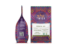 Kenya AA pouch shown front and back, with brewing notes and a QR code on the reverse