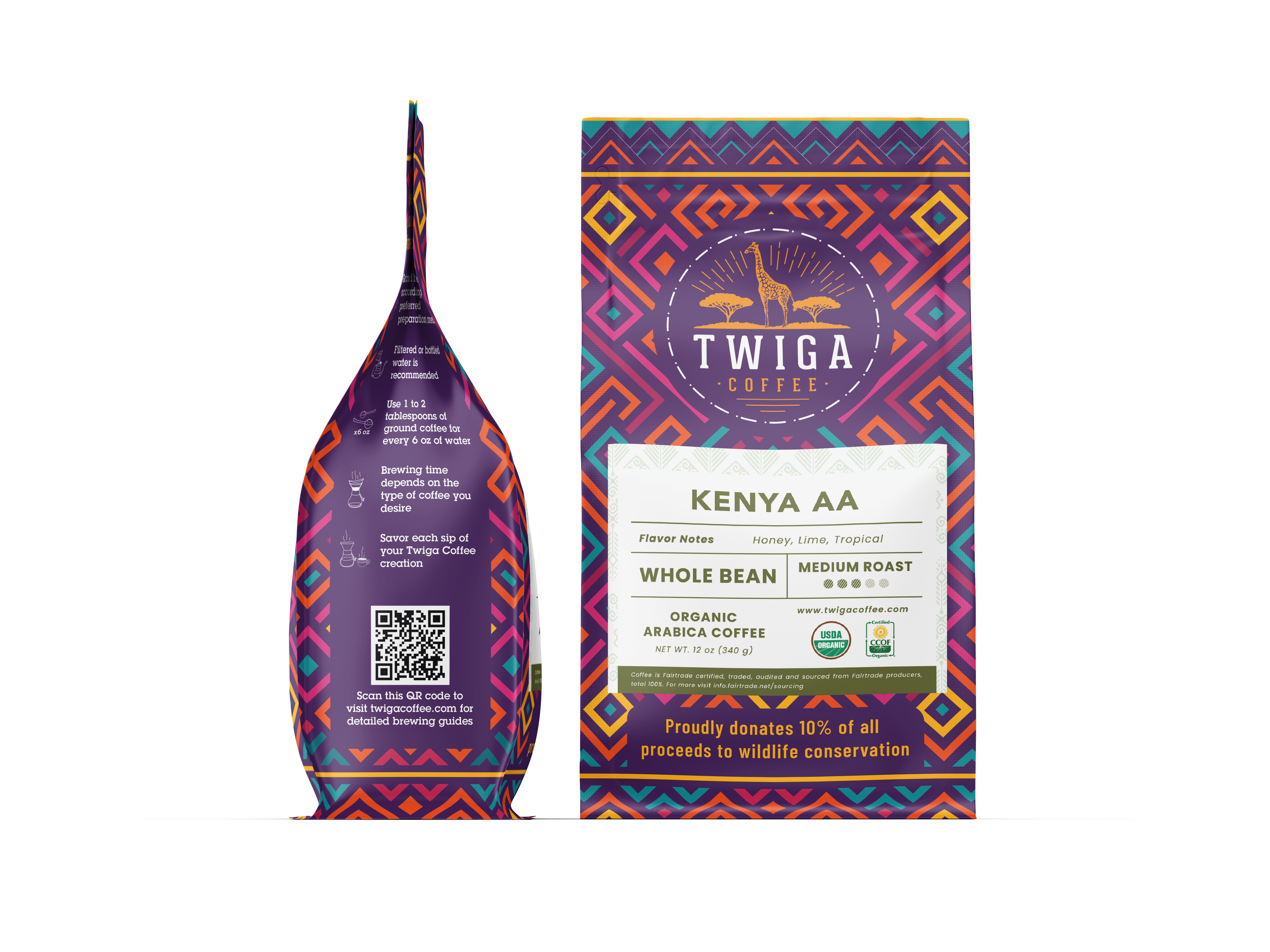 Kenya AA pouch shown front and back, with brewing notes and a QR code on the reverse