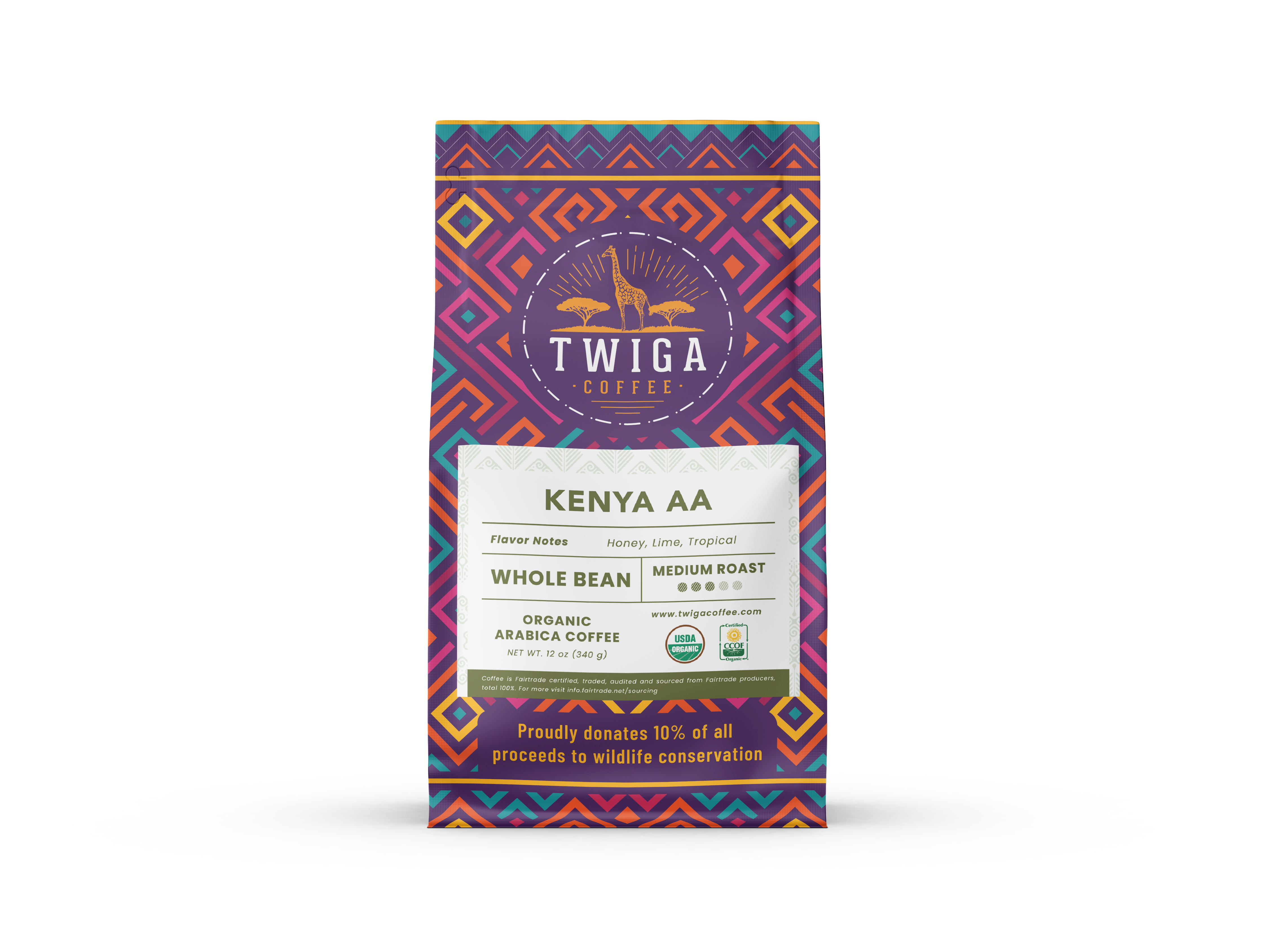Kenya AA whole bean coffee, 12 oz pouch, front of pack