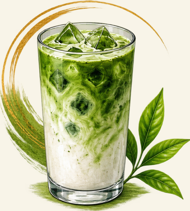 Illustration of an iced matcha latte in a tall glass