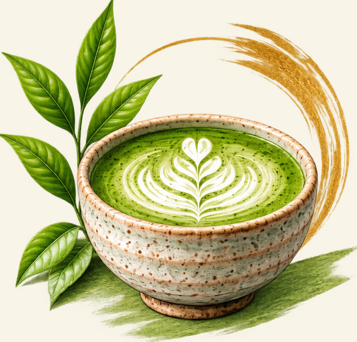 Illustration of a matcha latte with leaf patterned foam