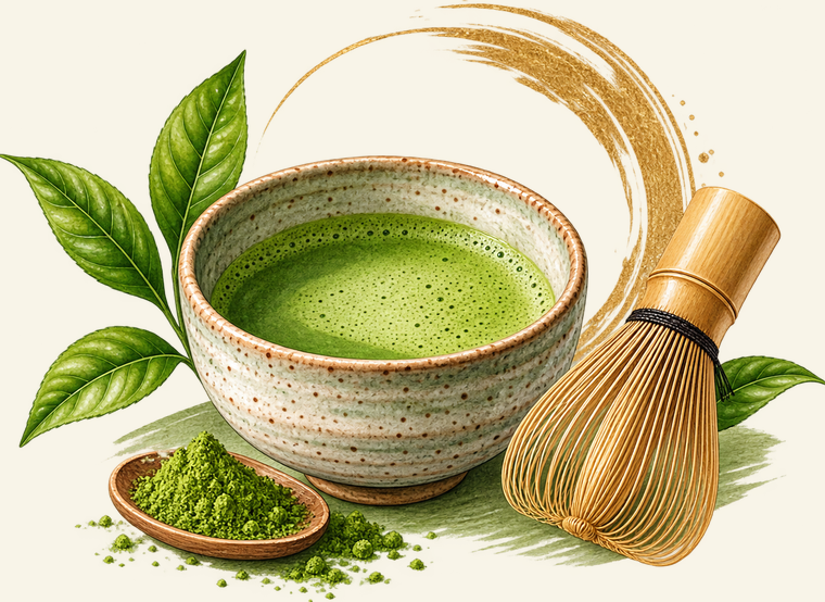 Illustration of a bowl of whisked matcha with a bamboo whisk and scoop