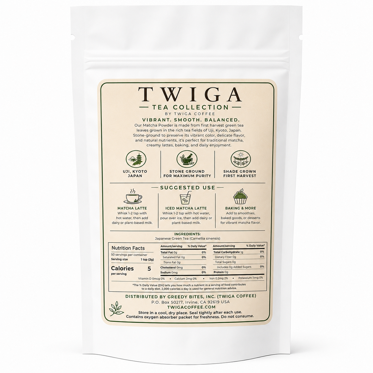 Back of the Twiga matcha pouch showing suggested use, ingredients and nutrition information