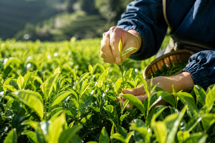 Hands picking the youngest leaves from a tea bush, with a harvesting basket alongside