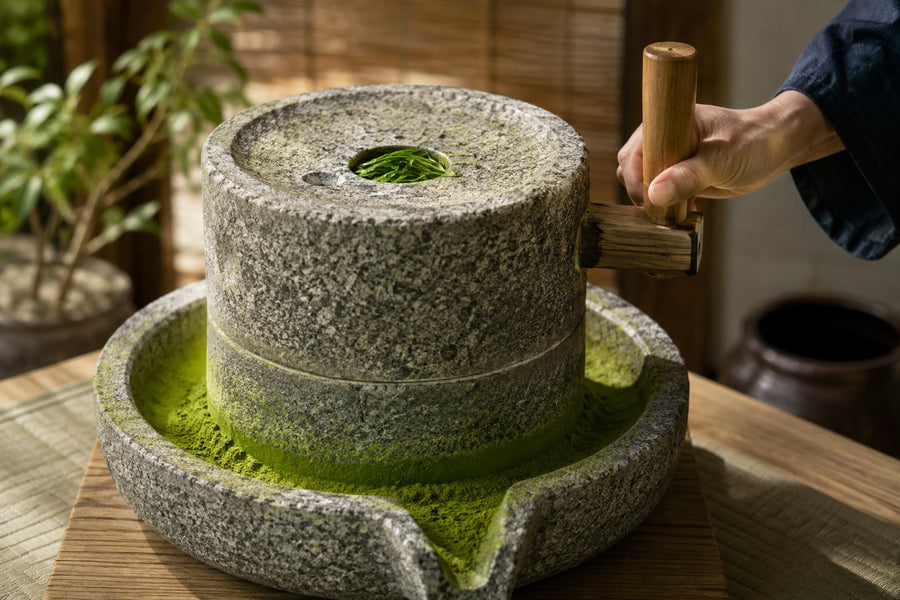 A traditional granite stone mill grinding matcha, with green powder gathering around its base