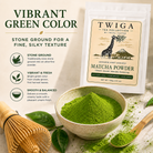 Twiga matcha powder in a ceramic bowl beside a bamboo whisk, showing its vibrant green color and fine texture